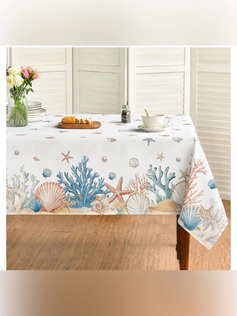 Coastal Seashell Tablecloth - White with Blue & Coral Accents nwot